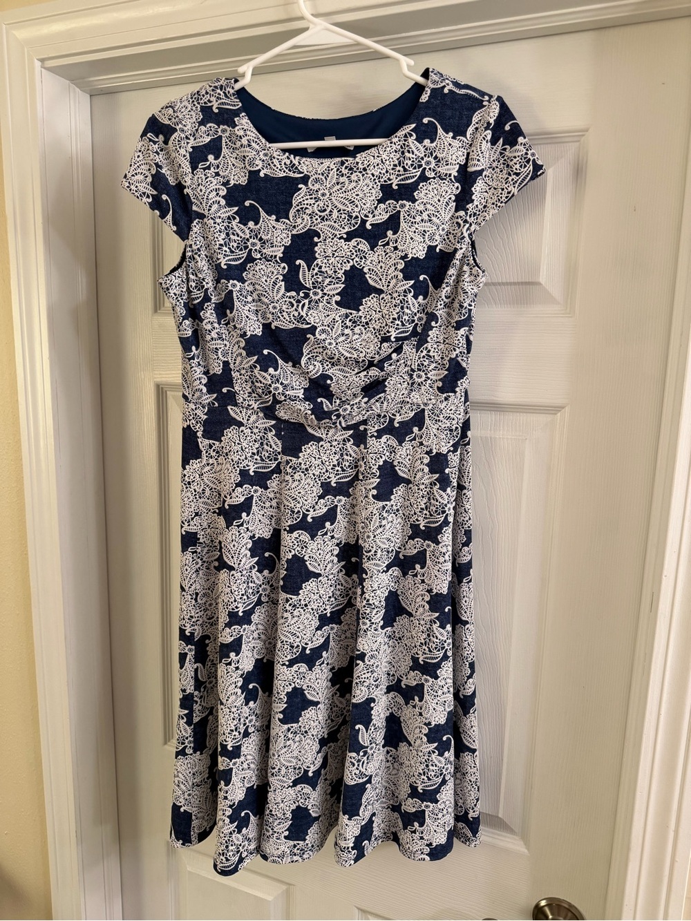 Studio One Navy and White Cap-Sleeve Fit-and-Flare Dress